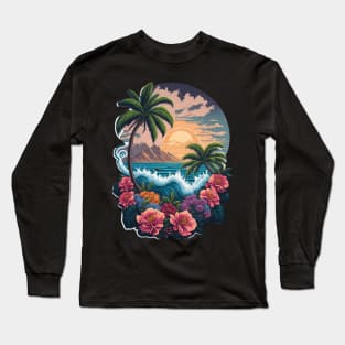 Tropical Paradise Sunset - Vibrant Colors, Palm Trees, and Tranquil Waves Long Sleeve T-Shirt